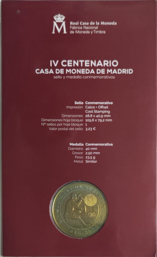 CONJUNTO DE MEDALLA Y SELLO CONMEMORATIVO DE LOS 400 AÑOS CASA DE LA MONEDA DE MADRID - Imagen 2