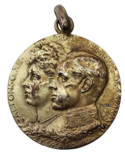 MEDALLA DE PLATA CONMORATIVA BODA ALFONSO XIII Y VICTORIA EUGENIA -  AUTOR ANICETO MARINAS