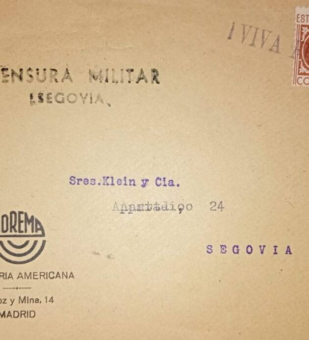 SOBRE CON CENSURA MILITAR DE SEGOVIA GUERRA CIVIL ESPAÑOLA DIRIGIDA A KLEIN & CÍA SEGOVIA